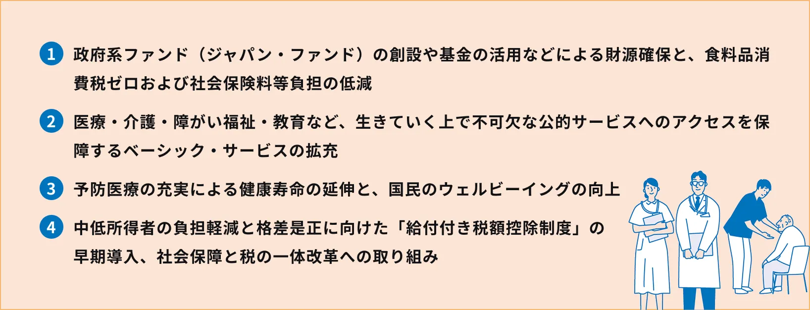1.政府系ファンド（ジャパン・ファンド）の創設や基金の活用などによる財源確保と、食料品消費税ゼロおよび社会保険料等負担の低減 2.医療・介護・障がい福祉・教育など、生きていく上で不可欠な公的サービスへのアクセスを保障するベーシック・サービスの拡充 3.予防医療の充実による健康寿命の延伸と、国民のウェルビーイングの向上 4.中低所得者の負担軽減と格差是正に向けた「給付付き税額控除制度」の早期導入、社会保障と税の一体改革への取り組み