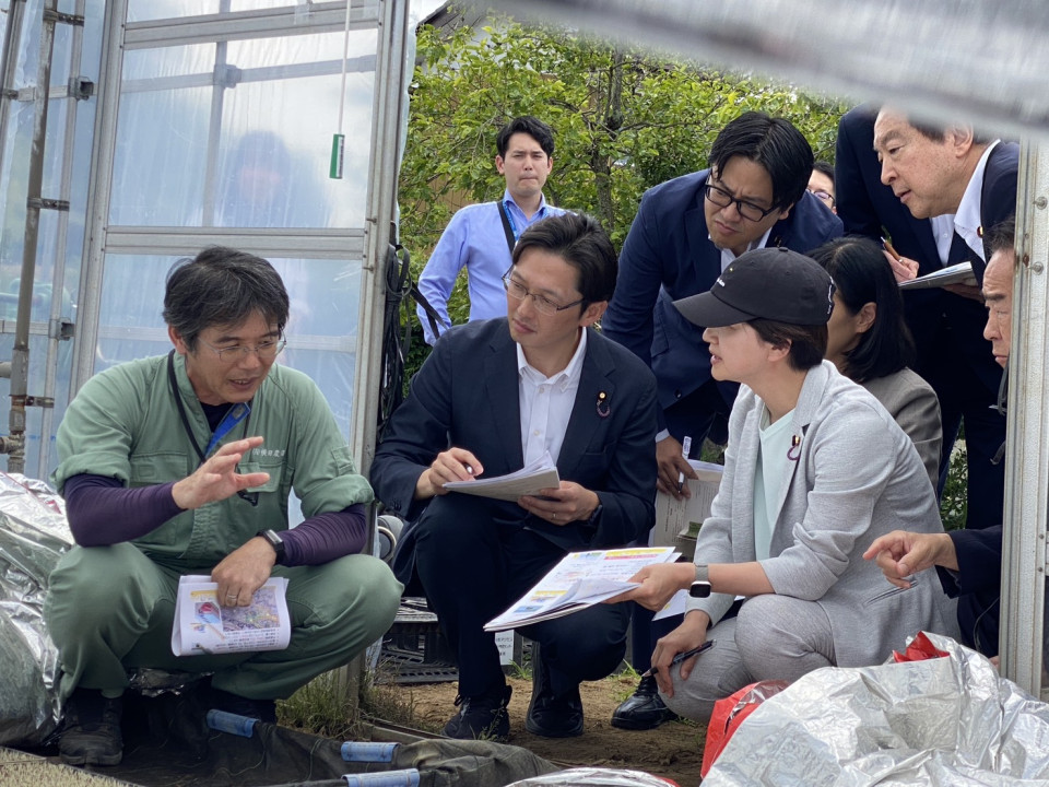 農場を視察する3党の議員ら